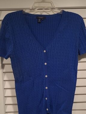 Chaps Blue Short-Sleeve Cable Button Cardigan